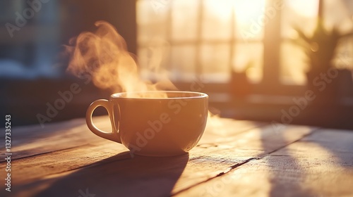 A steaming white coffee cup sits on a wooden table indoors