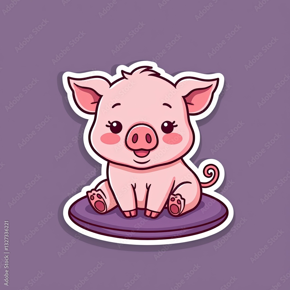 Cute Cartoon Pig Sitting on Purple Cushion with Happy Expression Cute Cartoon Pig Sitting on Purple Cushion with Happy Expression