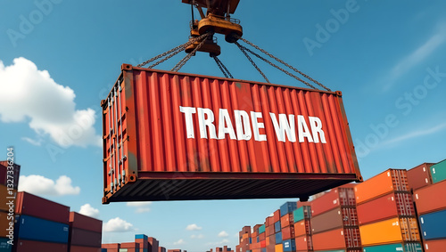 A red cargo container is suspended from a crane. 