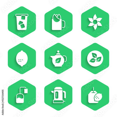 Set Teapot with leaf, Electric kettle, bag lemon, Lemon, Flower and Ice tea icon. Vector