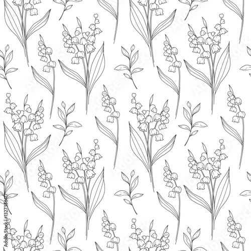 Floral seamless background line art. Lily of the Valley seamless pattern. Floral background with Lily of the Valley. May birth month flower line art. Botanical Background for wrapping paper, textile
