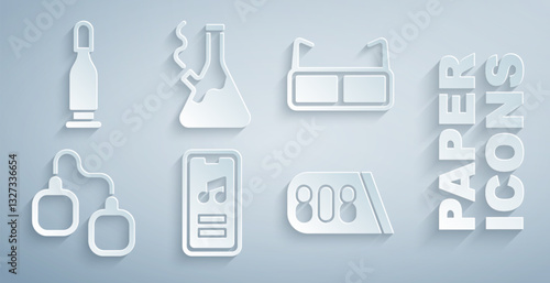 Set Music player, Glasses, Handcuffs, Drum machine music, bong for smoking marijuana and Bullet icon. Vector