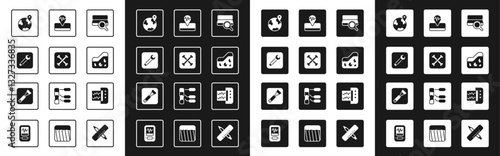Set Soil analysis, Archeology, Wrench spanner, Location on the globe, Ground, Earthquake, Seismograph and Paint brush icon. Vector