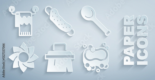 Set Sauna brush, ladle, Flower, Bar of soap, Washcloth and Towel on hanger icon. Vector