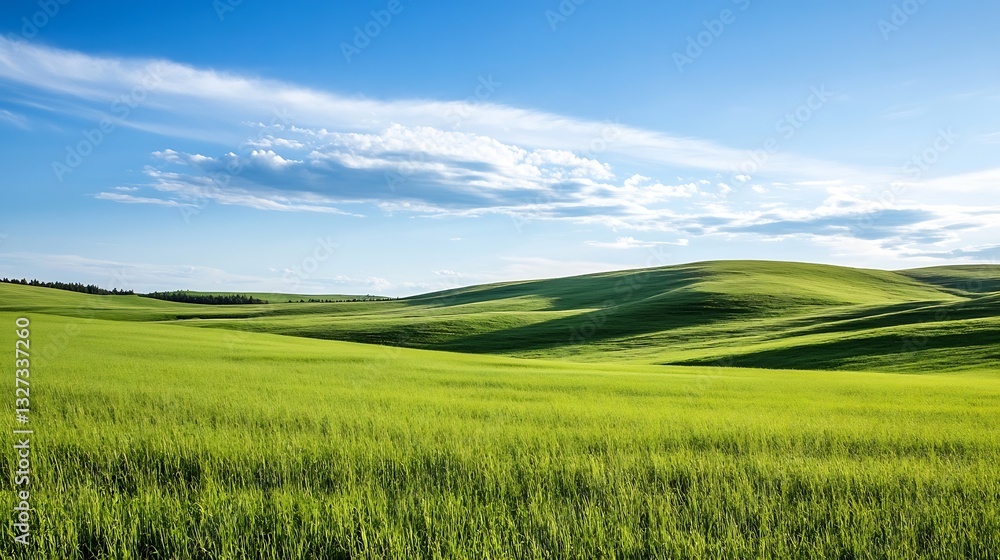 Obraz premium Lush Green Fields Under Bright Blue Sky with Gentle Clouds Above : Generative AI