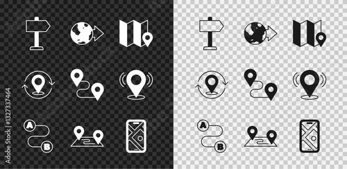 Set Road traffic sign, Location on the globe, Folded map with location marker, Route, City navigation, Map pin and icon. Vector