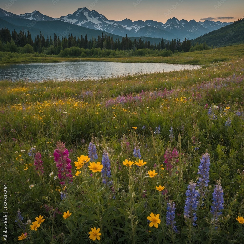 Fototapeta premium A vibrant meadow full of wildflowers stretching towards a distant lake, with towering mountains in the background.