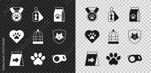 Set Pet award symbol, Dog collar with bone, Bag of food for pet, Food fish, Paw print, Retractable cord leash, Heart animals footprint and Cage birds icon. Vector