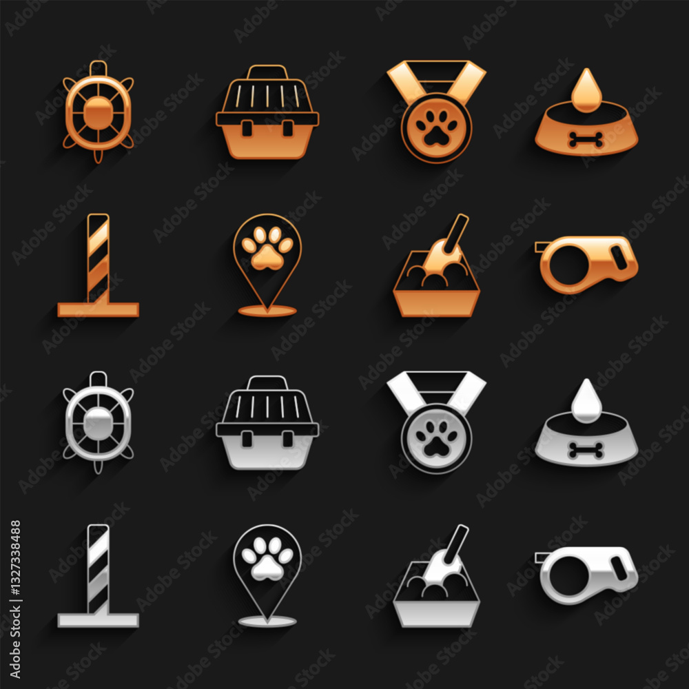 Fototapeta premium Set Location veterinary hospital, Pet food bowl for or dog, Retractable cord leash, Cat litter tray with shovel, scratching post toy, award symbol, Turtle and carry case icon. Vector