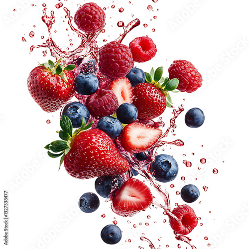 A Burst of Strawberries Blueberries and Raspberries Isolated on Transparent Background