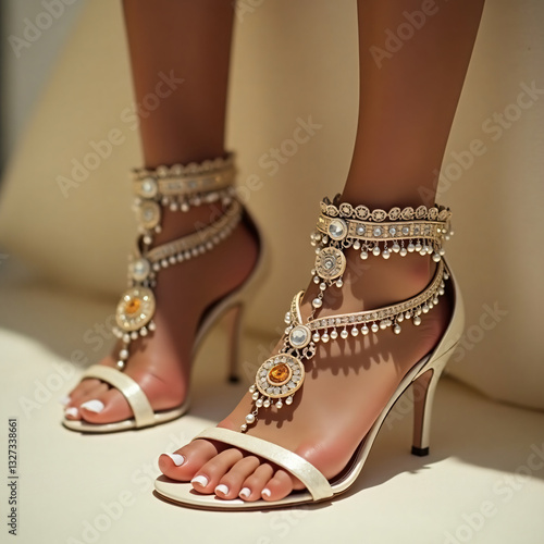 Exquisite bridal footwear with ornate anklets and sleek heels highlight opulent wedding tradition, generative ai photo