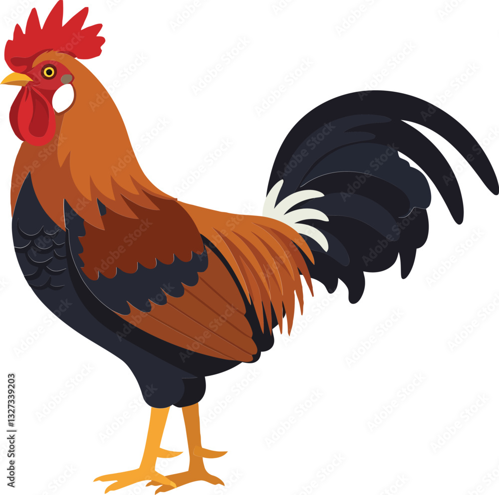Colorful rooster standing proudly with an ornate feather pattern in a flat design style, showcasing vibrant hues in vector art