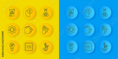 Set line Light bulb with leaf, Gear and arrows as workflow, Eco fuel canister, Earth globe plant, Recycling plastic bottle, Recycle bin recycle, Garbage bag and Head electric symbol icon. Vector