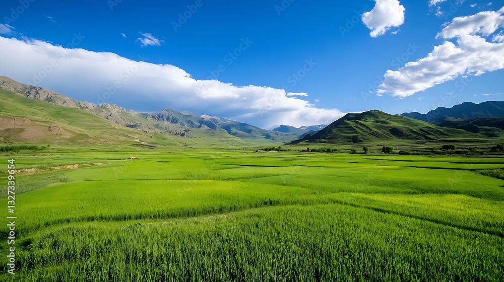 Expansive lush green rice fields under a bright blue sky showcasing agricultural beauty and nature : Generative AI Expansive lush green rice fields under a bright blue sky showcasing agricultural beauty and nature : Generative AI