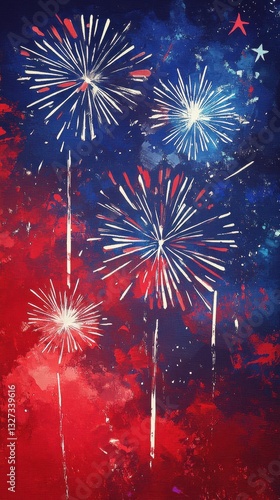 Painted fireworks exploding in the dark blue red night sky