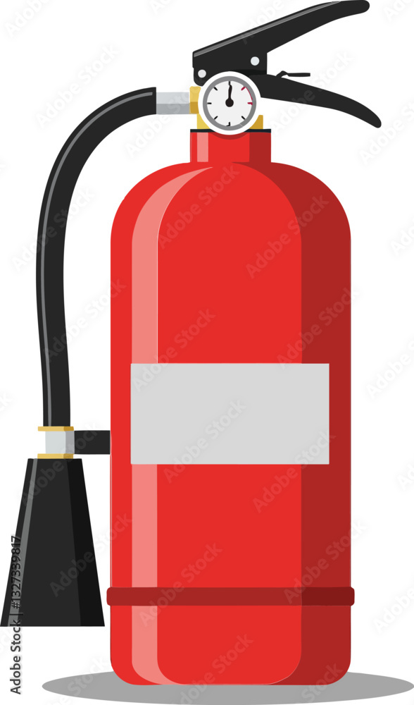 Bright red fire extinguisher with pressure gauge and black nozzle in a minimal flat design vector illustration