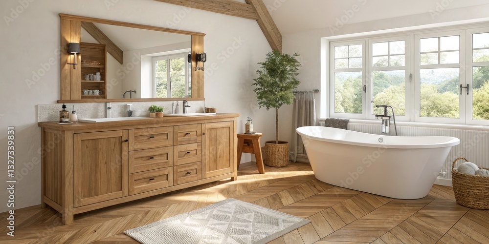 Fototapeta premium Bright Bathroom Interior with Wooden Vanity, Freestanding Tub and Tree, bathroom design , interior design