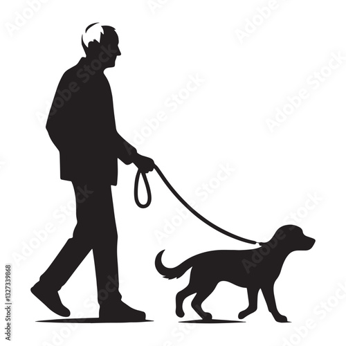 Retired Thinker Old Man Walking with a Pet Dog silhouette, deep in thought - Old Man illustration - Minimalist Old Man vector - Timeless stroll
