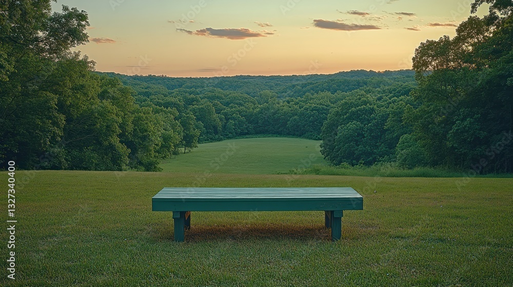 Obraz premium Empty park bench at sunset overlooking a valley