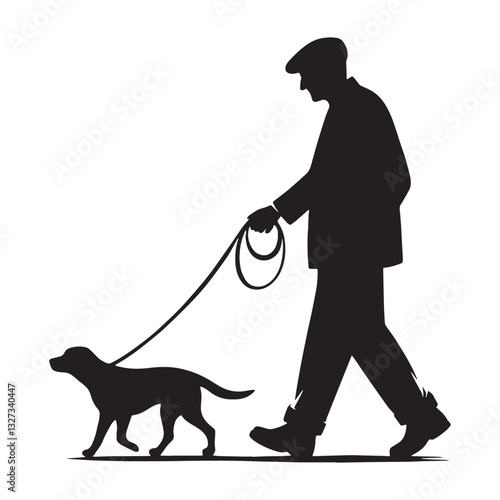 Grandfatherly Old Man Walking with a Pet Dog silhouette, a heartwarming sight - Old Man illustration - Minimalist Old Man vector - Loving presence
