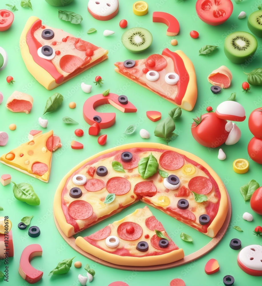 Colorful pizza composition with various toppings and ingredients on green background Colorful pizza composition with various toppings and ingredients on green background