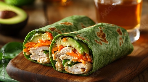 A health-conscious turkey and avocado wrap, tightly wrapped in a spinach tortilla, packed with lean turkey, creamy avocado, shredded carrots, and hummus,