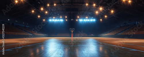 Basketball arena at night, empty with abstract lighting.