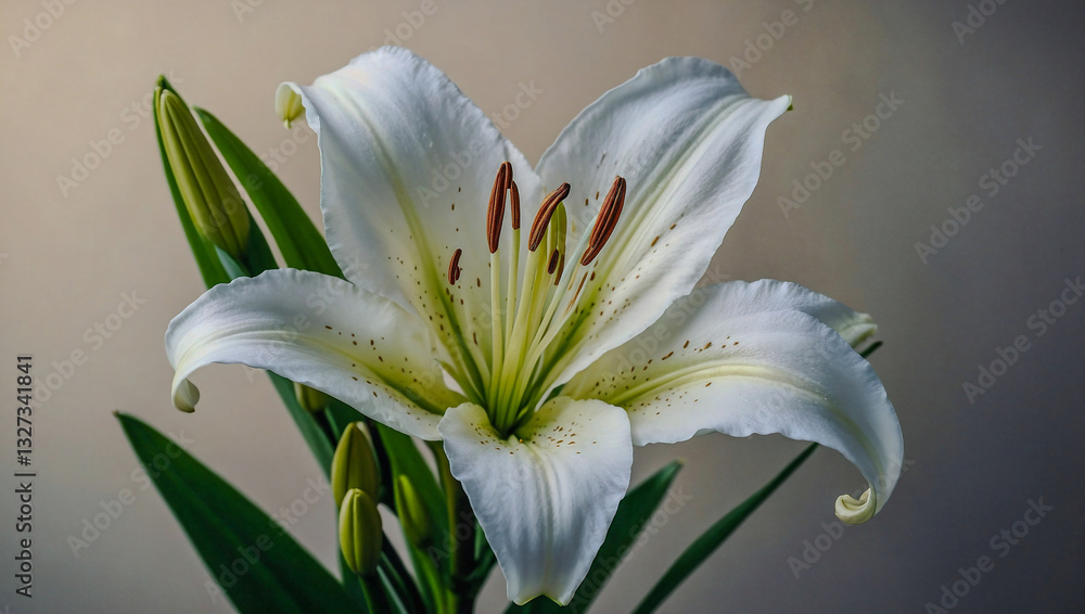 Fototapeta premium Elegant white lily bloom, serene botanical beauty