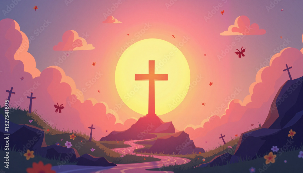 Obraz premium Surreal glowing cross at sunrise over dreamy landscape, Easter symbolism