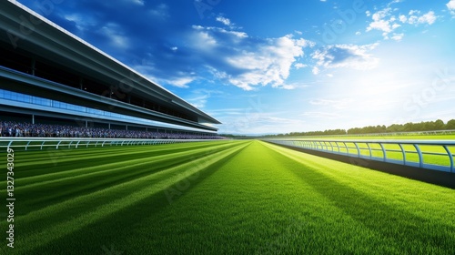 Vibrant horse racing track under a clear blue sky with spectators enjoying the event