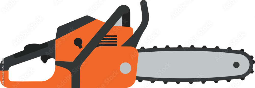 Chainsaw in vibrant orange and grey colors, showcasing a flat design style with detailed elements, ideal for outdoor and construction vector art