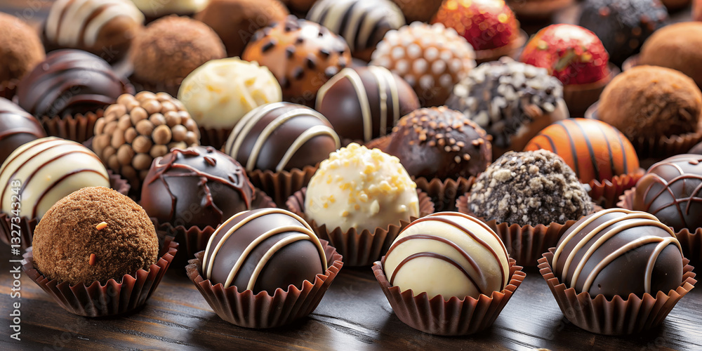 Delectable Assortment of Truffles: A close-up shot showcasing an array of gourmet chocolate truffles, each adorned with unique textures and flavors.AI Generated Delectable Assortment of Truffles: A close-up shot showcasing an array of gourmet chocolate truffles, each adorned with unique textures and flavors.AI Generated