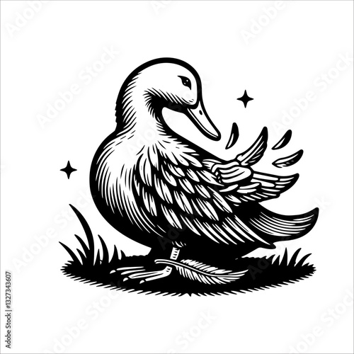 Simple Pekin Duck Preening Feathers Vector Icon – Vintage Logo & Retro Illustration