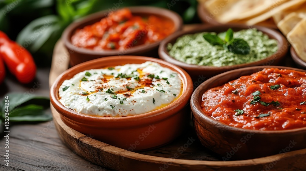 A delectable spread of assorted dips in terracotta and rustic bowls, perfect for sharing at gatherings. This image highlights the essence of flavorful and inviting cuisine. A delectable spread of assorted dips in terracotta and rustic bowls, perfect for sharing at gatherings. This image highlights the essence of flavorful and inviting cuisine.