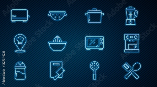Set line Crossed fork and spoon, Coffee machine, Cooking pot, Citrus fruit juicer, Chef hat with location, Toaster, Microwave oven and Kitchen colander icon. Vector