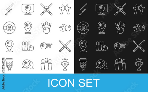 Set line Award cup, Crossed billiard cues, Bowling ball, and, Location with, Billiard, and pin icon. Vector