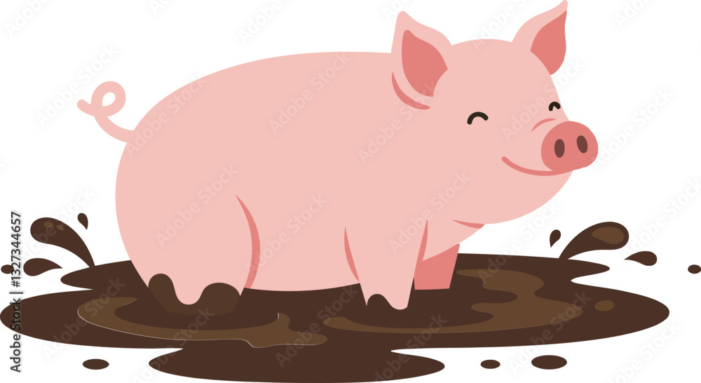 A cheerful pink pig playfully splashing in muddy puddles in a flat vector illustration showcasing a fun farm scene with a lighthearted mood A cheerful pink pig playfully splashing in muddy puddles in a flat vector illustration showcasing a fun farm scene with a lighthearted mood