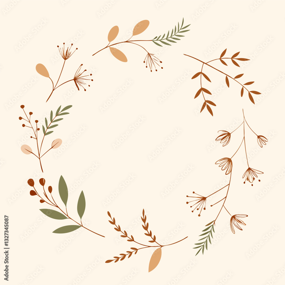 Floral frame composed in a circle. Hand drawn plants and flowers. Sketched style, monochrome vector illustration., colorful, Adobe Illustrator Artwork Floral frame composed in a circle. Hand drawn plants and flowers. Sketched style, monochrome vector illustration., colorful, Adobe Illustrator Artwork