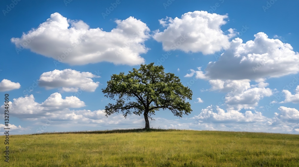 Majestic tree standing alone on a hill under a dramatic blue sky adorned with fluffy white clouds : Generative AI Majestic tree standing alone on a hill under a dramatic blue sky adorned with fluffy white clouds : Generative AI