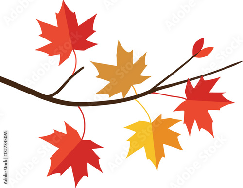 Colorful autumn leaves on a branch in a flat design style showcasing vibrant reds, yellows, and oranges in vector art