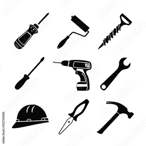 Black Silhouette Tools Collection – Drill, Screwdriver, Wrench, Paint Roller, Saw, Pliers, Hammer Icons photo