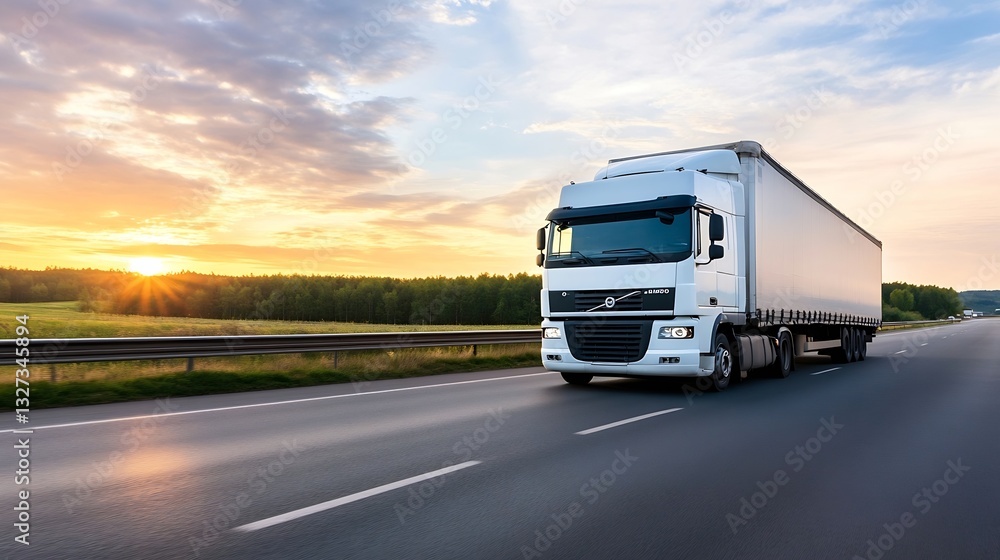 Large white truck driving on a highway during sunset with a clear sky and green landscape nearby : Generative AI Large white truck driving on a highway during sunset with a clear sky and green landscape nearby : Generative AI