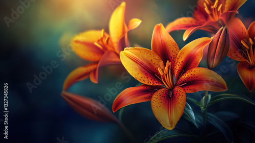 A macro shot of delicate lilies, their petals glowing with an iridescent interplay of golden yellow, rich cyan