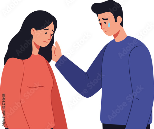 Two characters in a heartfelt moment of comfort, showing empathy, minimal design style, conveying emotions in vector illustration
