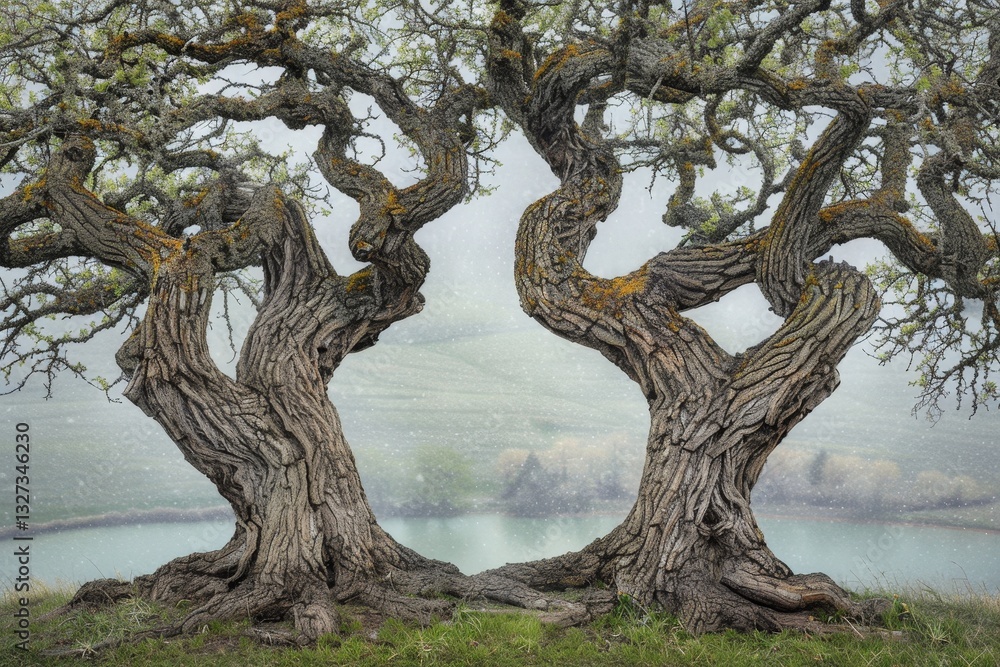 Two trees with twisted trunks are standing next to a body of water
