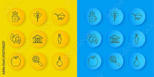 Set line Apple, Leaf or leaves, Farm house, Onion, Carrot, Cup of tea, Wheelbarrow with dirt and icon. Vector