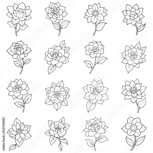 Set of Elegant Line Art Flower Illustrations - Botanical Outline Drawings for Design and Coloring