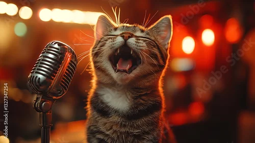 Obraz Singing cat! Adorable feline croons into a vintage microphone, illuminated by warm stage lights. Purr-fect performance!