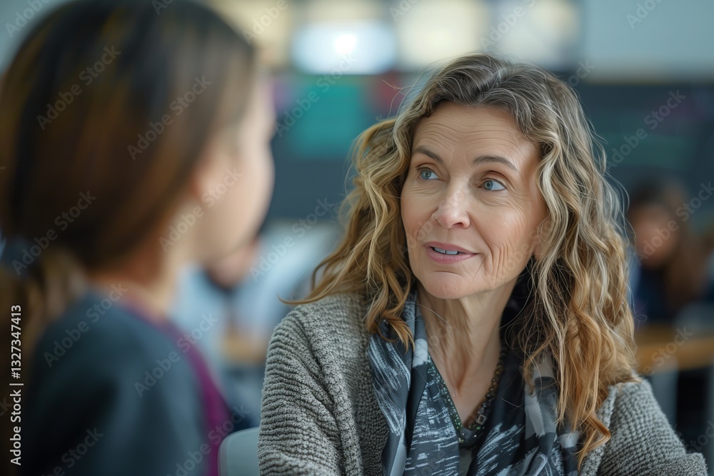 A warm conversation between two women in a modern setting, showcasing connection and engagement. A warm conversation between two women in a modern setting, showcasing connection and engagement.