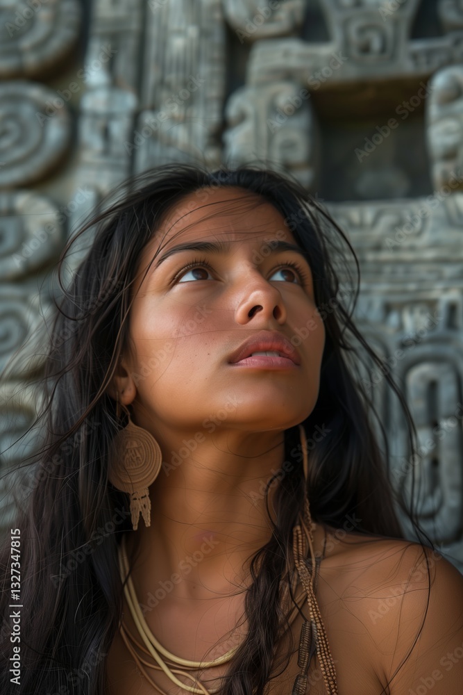 Fototapeta premium A woman gazes thoughtfully, adorned in tribal jewelry, against a backdrop of ancient stone carvings.
